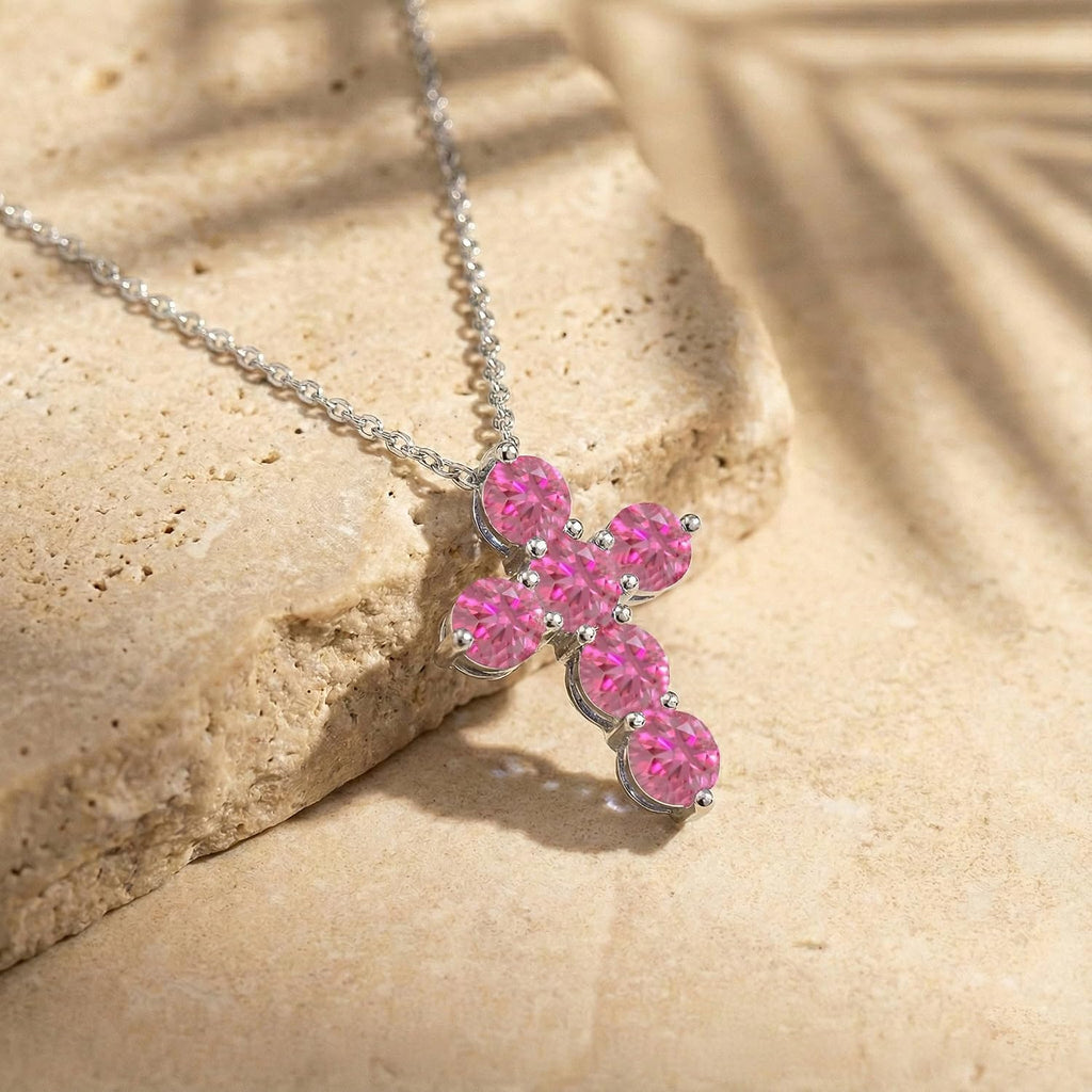 GOODSTONE JEWELS 925 Sterling Silver Cross Pendant Necklace for Women | Size 16+2 Inch Cable Chain with Lobster Clasp | Natural Birthstone Jewelry Gift for Her