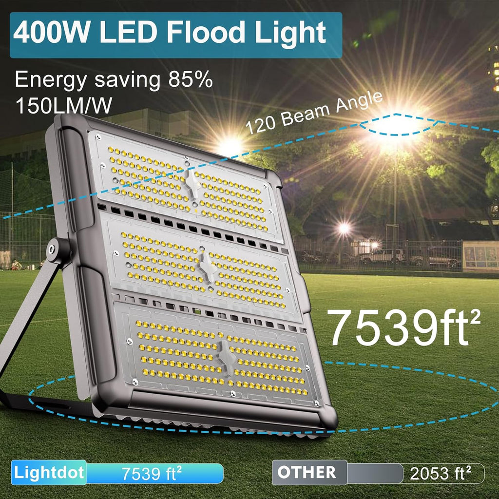 Upgrade 400W Outdoor Flood Lights AC100-277V LED Stadium Lights 60000Lm (1600W Eqv.) Flood Lights with 3 Modules, IP65 Waterproof Area Lighting with Adjustable U Bracket-4Pack