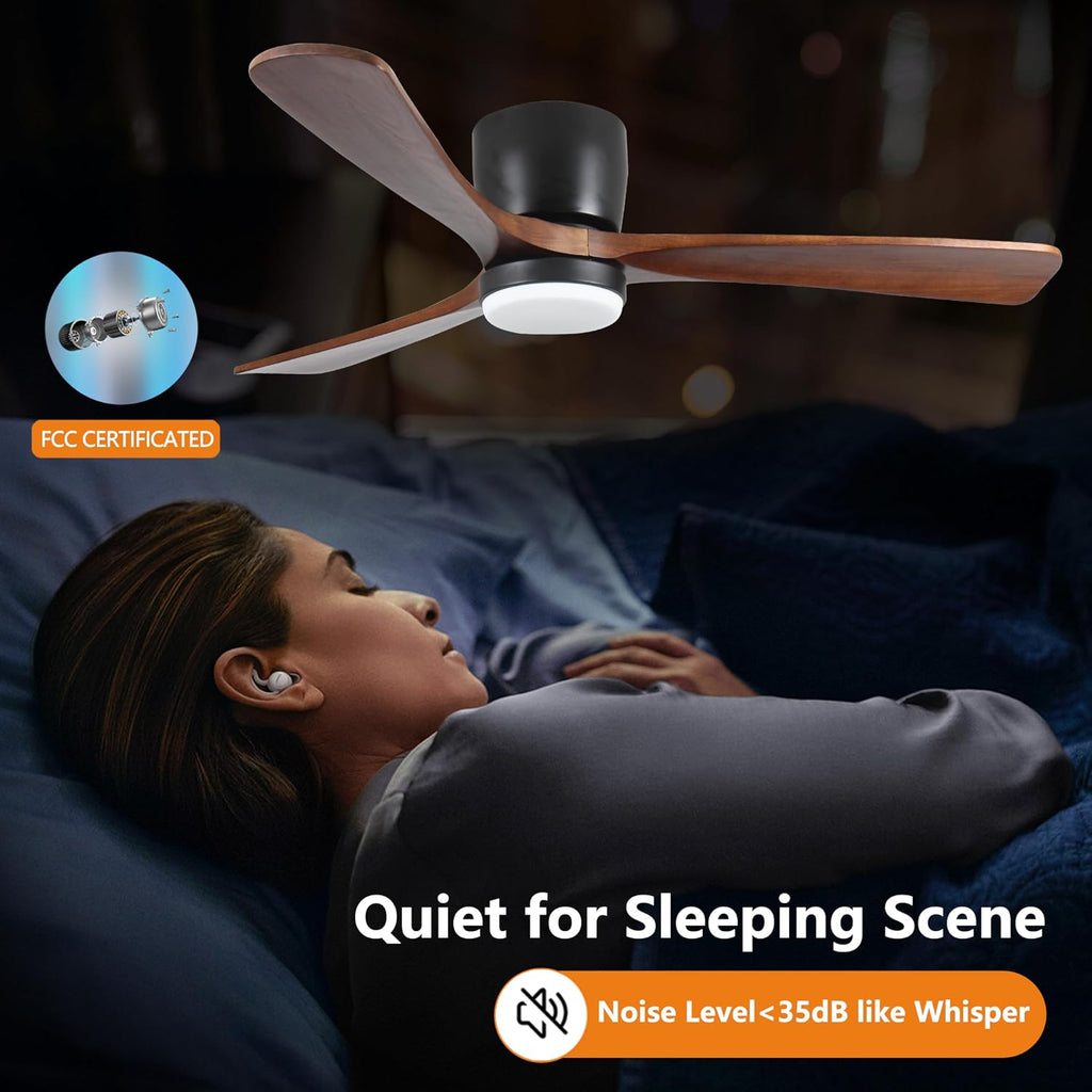 42 inch Black Wood Ceiling Fans with Lights and Remote, Flush Mount Low Profile Ceiling Fan with Light, 6 Speed, Reversible DC Motor, for Bedroom,Outdoor,Farmhouse,Patios