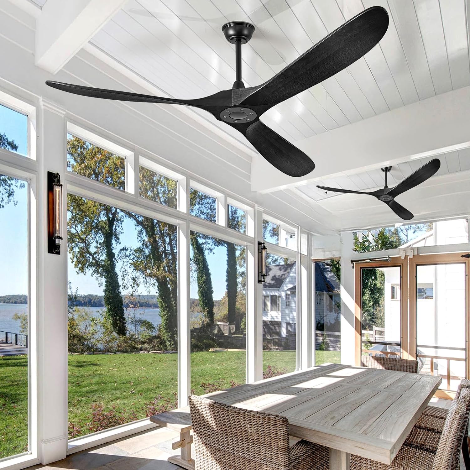 ABZ 72 Inch Ceiling Fans without Lights, Large Ceiling Fans no Lights with Remote Control, 3 Blade Solid Wood Indoor Black Outdoor Ceiling Fan for Patios Living Room Bedroom