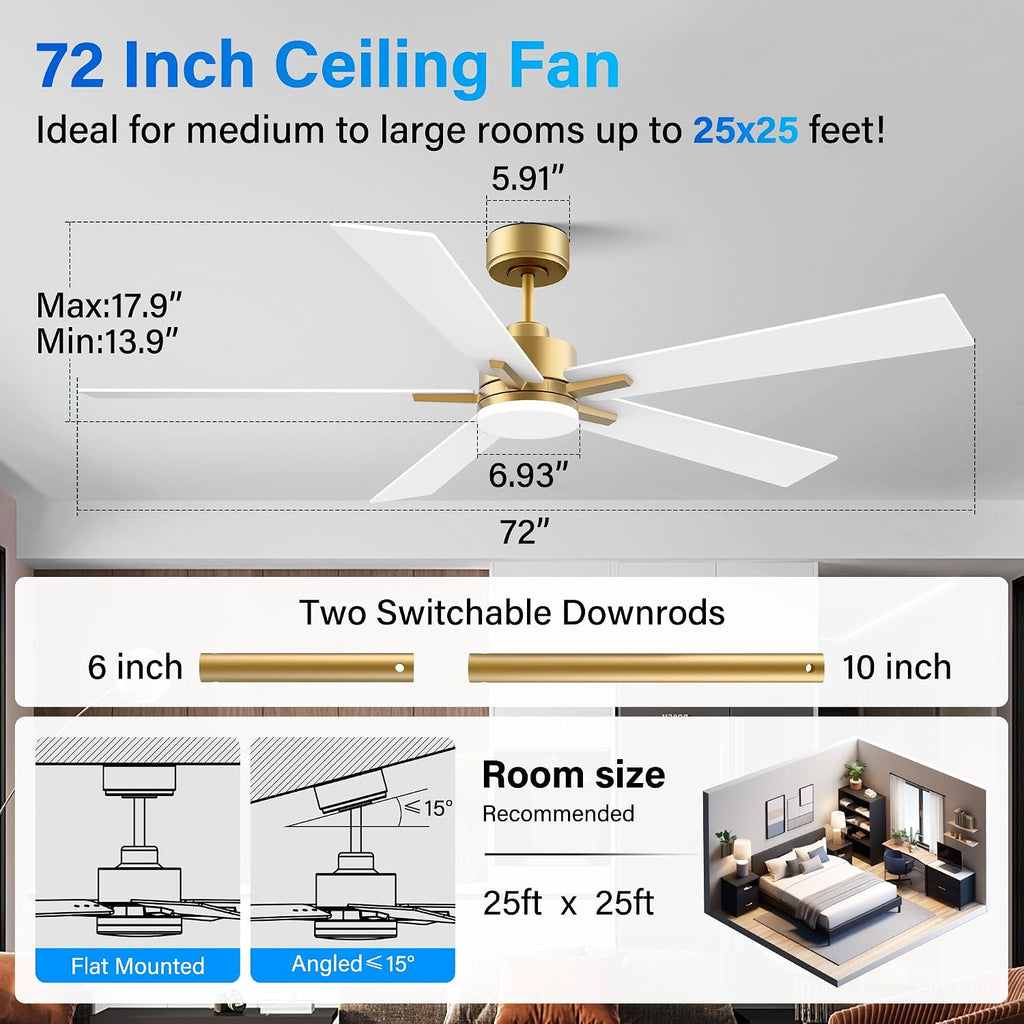 72' Large Smart Ceiling Fan with Lights Remote,Silent DC Motor,Control via Voice Alexa Google App,Outdoor Indoor Ceiling Fans for Large Modern Living Room Patio,Dimmable,5 Blades in Gold White Black