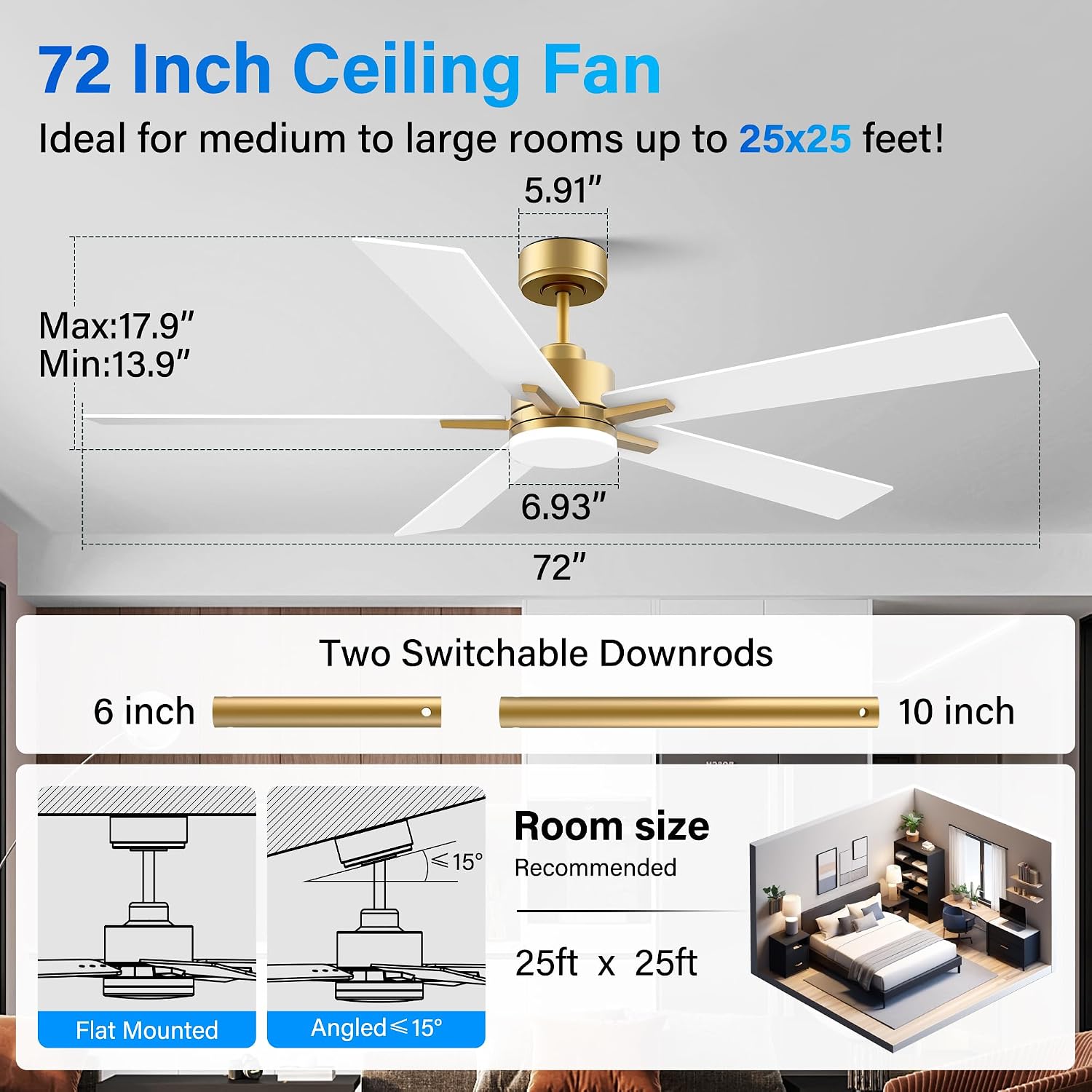 72' Large Smart Ceiling Fan with Lights Remote,Silent DC Motor,Control via Voice Alexa Google App,Outdoor Indoor Ceiling Fans for Large Modern Living Room Patio,Dimmable,5 Blades in Gold White Black