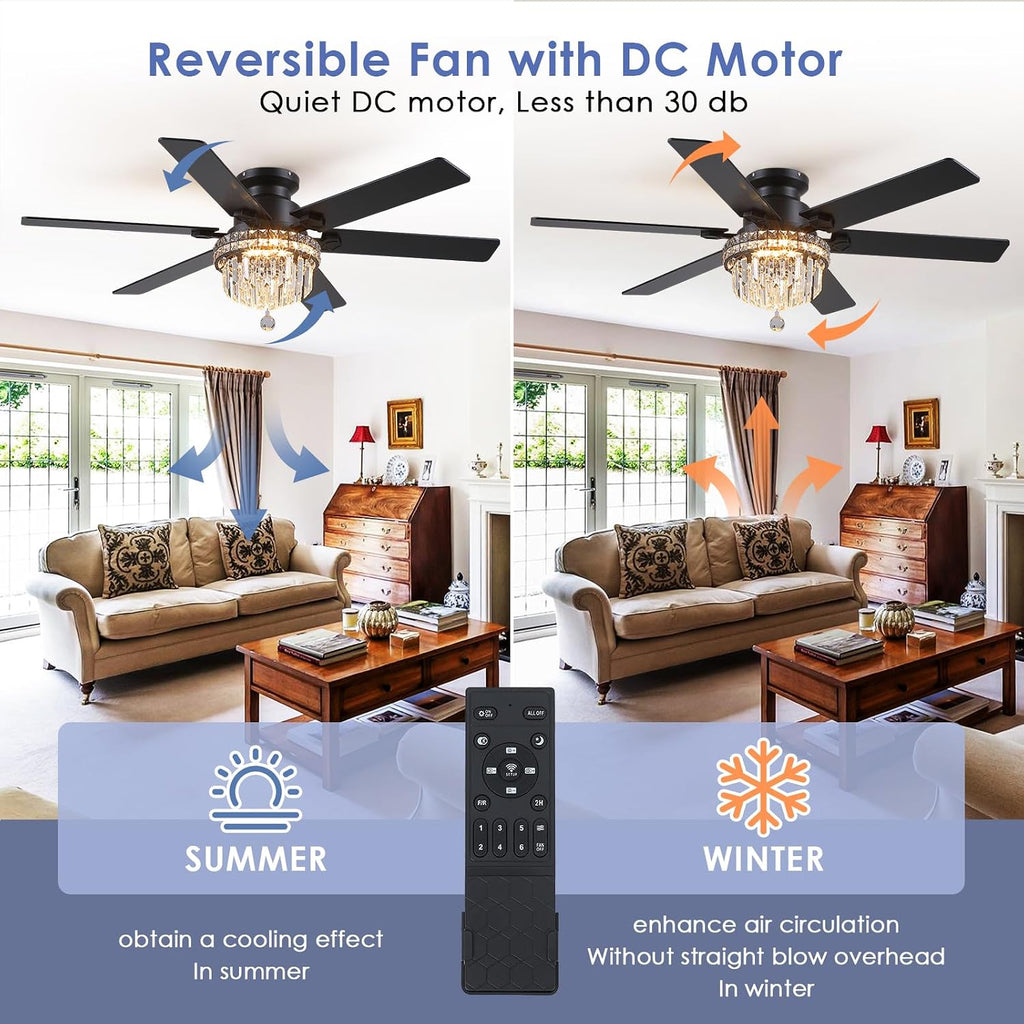 Asyko Crystal Ceiling Fan Fandelier with Lights - 52' Outdoor Fans with Remote Control，Crystal Ceiling Fans Noiseless DC Motor, Retro/Farmhouse Lighting, Dining Room,Living Room