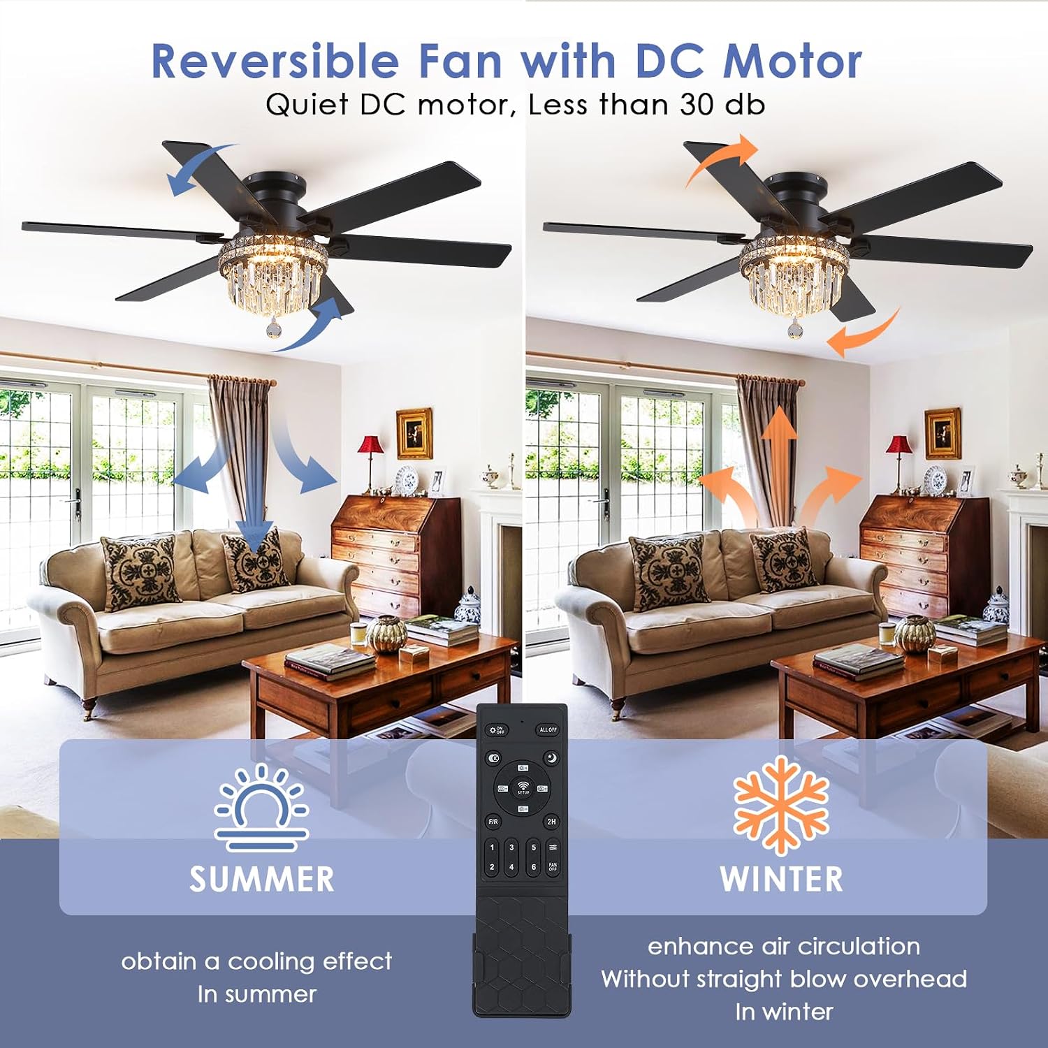 Asyko Crystal Ceiling Fan Fandelier with Lights - 52' Outdoor Fans with Remote Control，Crystal Ceiling Fans Noiseless DC Motor, Retro/Farmhouse Lighting, Dining Room,Living Room