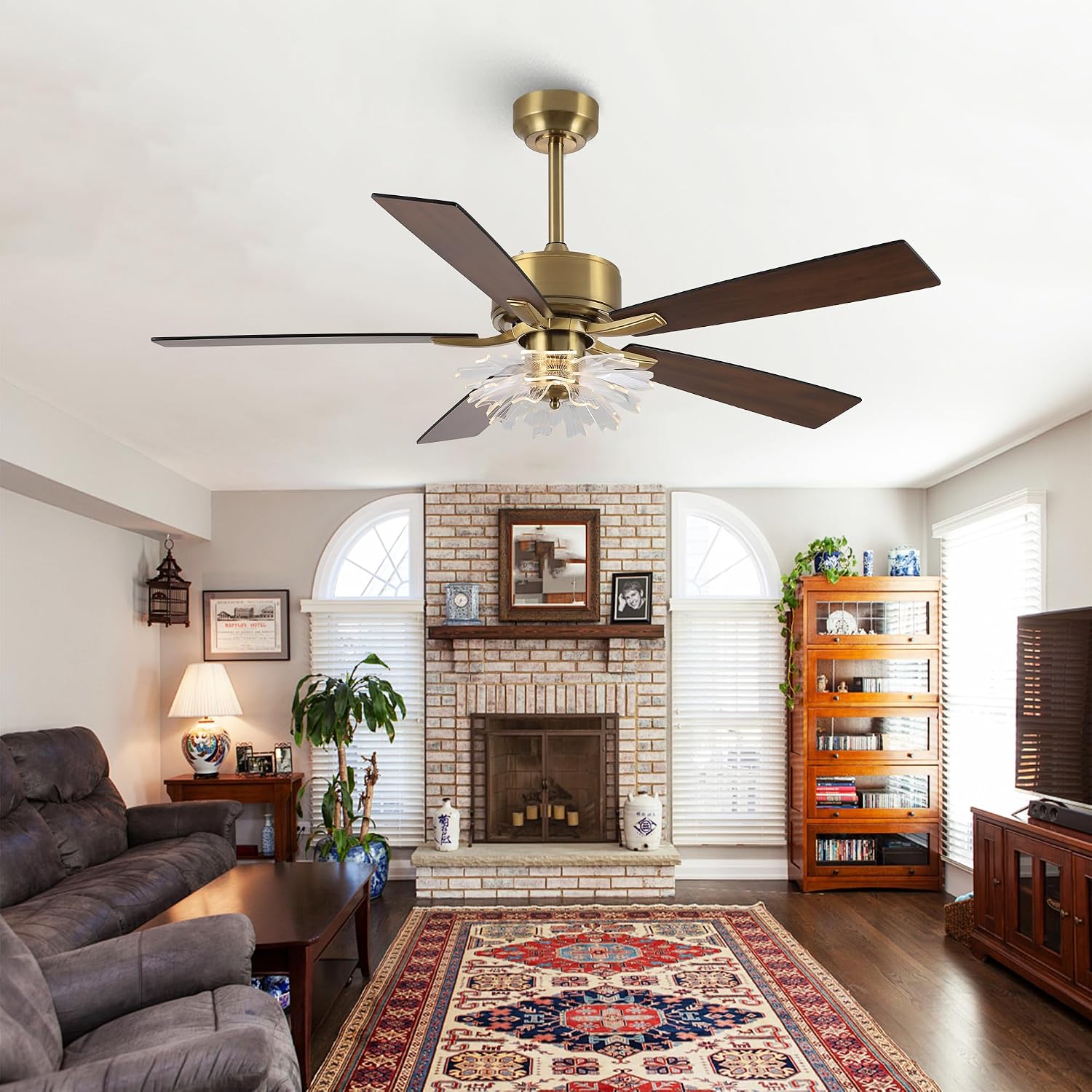 52 Inch Gold Ceiling Fans with Lights, Modern Black & Gold Ceiling Fan with Remote for Bedroom Living Room, PS Petal Chandelier Fan, 3CCT Dimmable, 6 Speeds, Quiet DC Motor Indoor Ceiling Fan