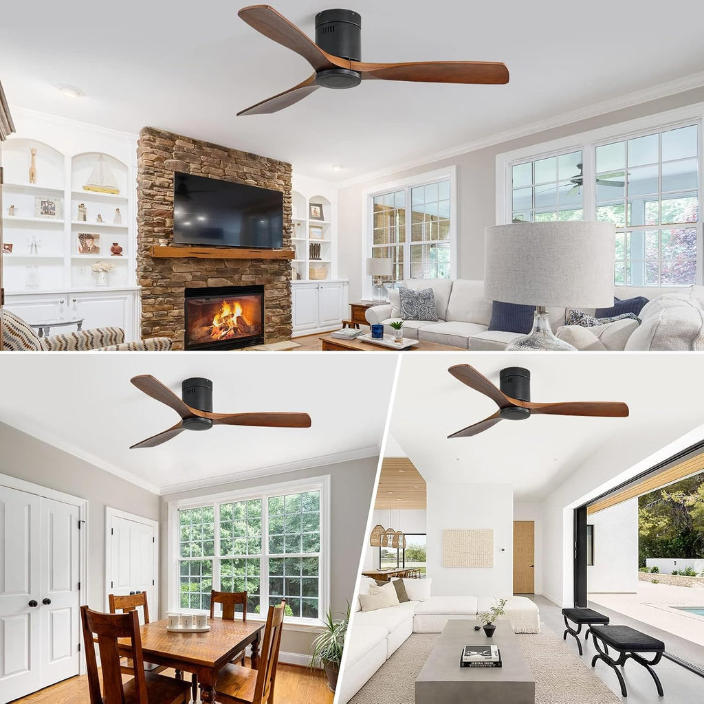 Sofucor 52' Low Profile Ceiling Fan with Remote Control, Outdoor Ceiling Fan No Light with 3 Walnut Blades, Multi-speed, Timer, Reversible DC Motor for Patio Living Room Bedroom Office Black