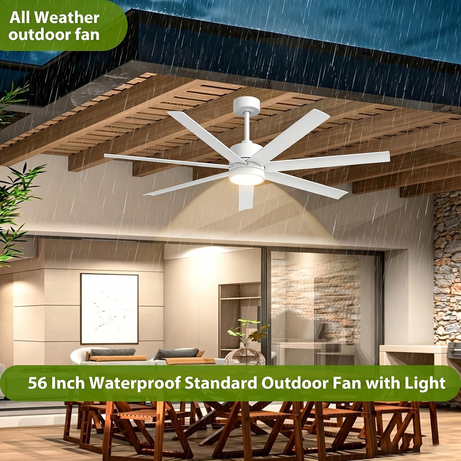 56 Inch Waterproof Outdoor Ceiling Fan with Light, Wet-Rated White Outdoor Ceiling Fans, All-Weather 7 UV-Proof Blades, High CFM Quiet DC Motor, for Exterior Patis, Porch, Terraces, Gazebo