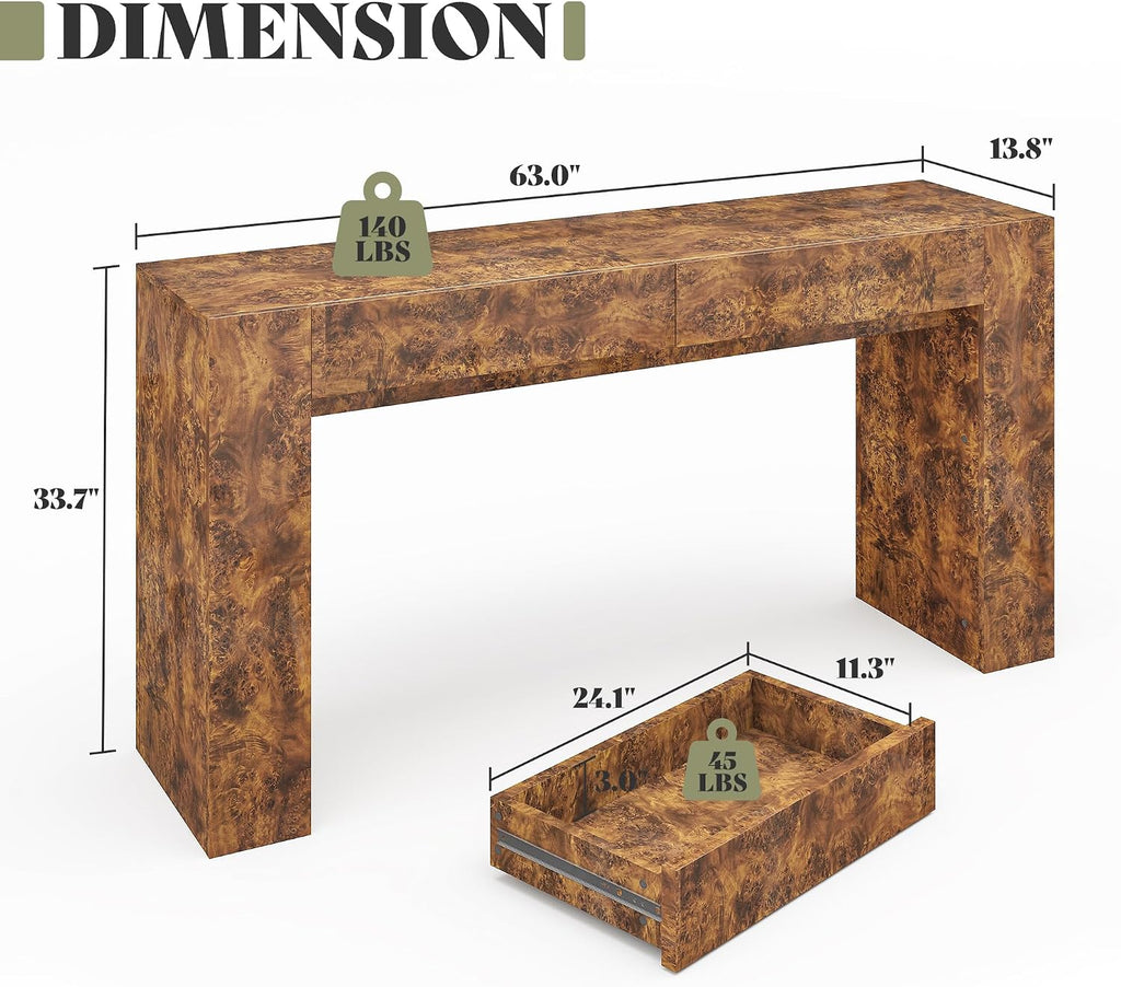 AMERLIFE 63' Burl Wood Console Table, Modern High Gloss Entryway Table with 2 Storage Drawers, Long Sofa Table Behind the Couch for Entrance, Hallway, Foyer, Living Room, Brown