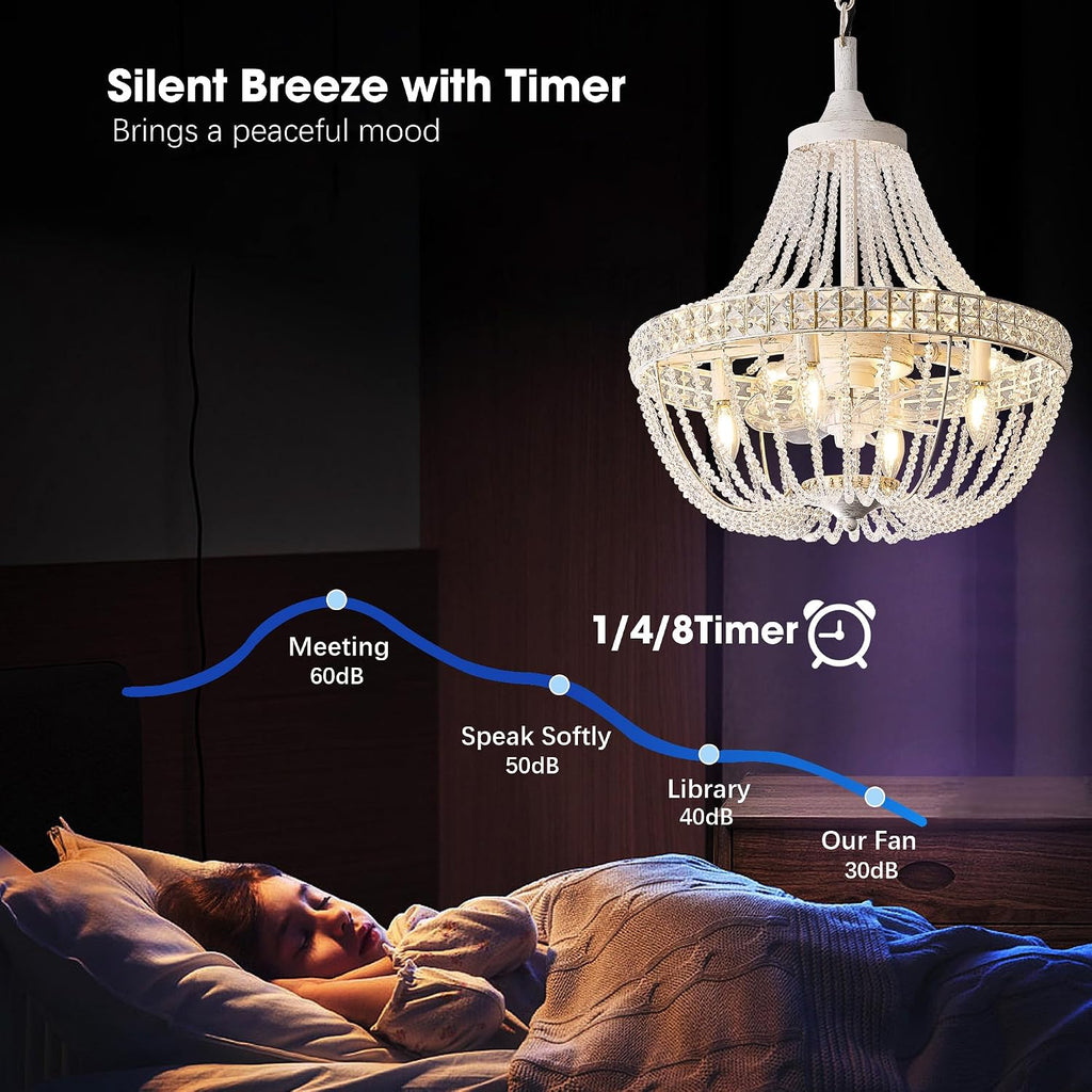 20' Modern Crystal Chandelier Ceiling Fan with Lights, Remote & App Control, 6 Speed, 8-Lights French Empire Fandelier, for Bedroom, Dining Room (Retro White)