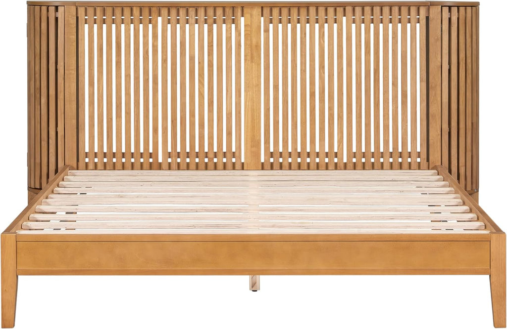 Christopher Knight Home Renata Queen Bed Frame with Grace Slat Headboard, Platform Bed with Side Cabinets, Wood Bed Frame Queen Size, Solid Stable Bedframe, No Box Spring Needed, Noise Free, Natural