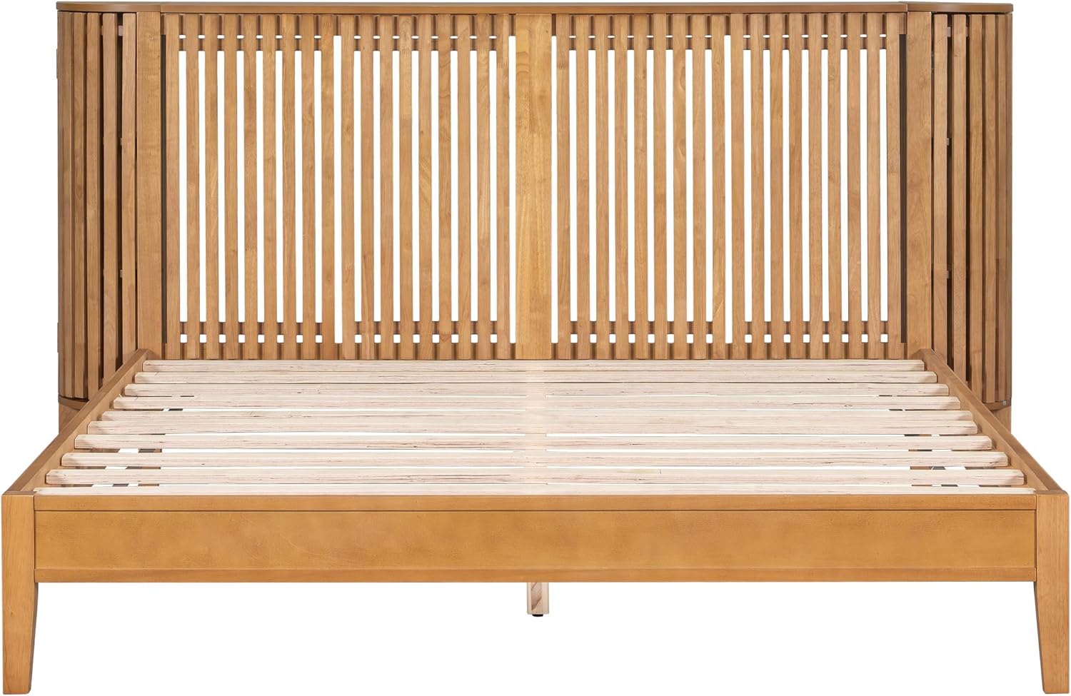 Christopher Knight Home Renata Queen Bed Frame with Grace Slat Headboard, Platform Bed with Side Cabinets, Wood Bed Frame Queen Size, Solid Stable Bedframe, No Box Spring Needed, Noise Free, Natural
