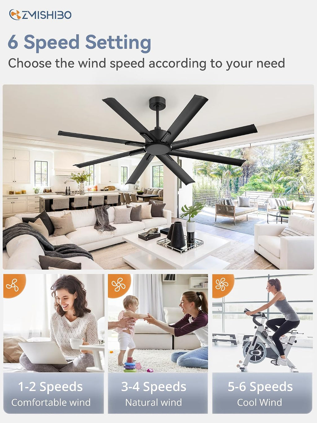 ZMISHIBO 65 Inch Industrial DC Motor Ceiling Fan, Large Ceiling Fan with 8 Aluminum Blades, 3 Downrods, 6-Speed Remote Control, Home or Commercial Ceiling Fans for Porch/Garage/Shop, Black