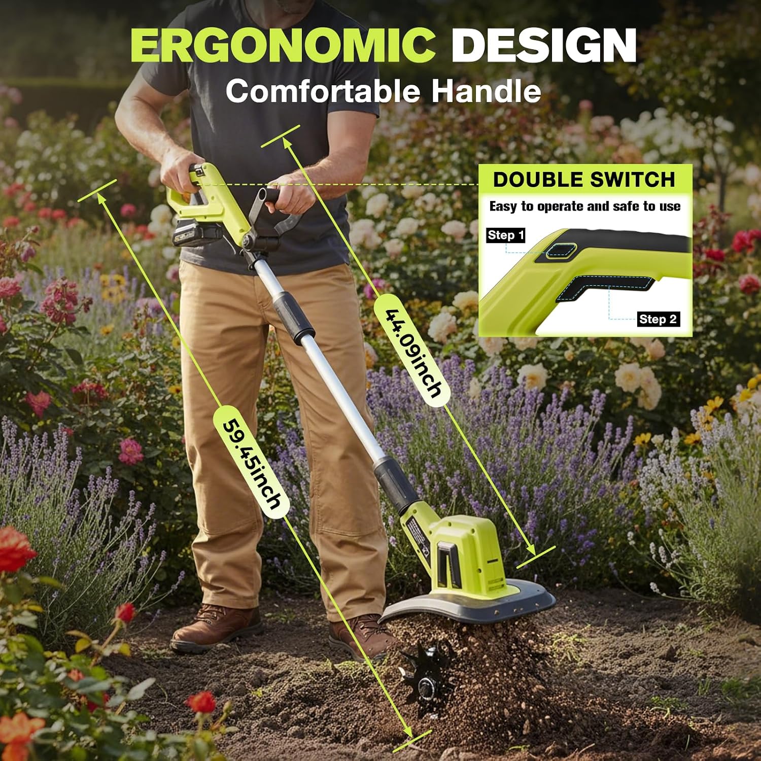 Saker Cordless Garden Tiller & Manual Lawn Aerator Tool Set, 22V Electric Rototiller Cultivator with 2 Batteries, 9' Width 6.3' Depth + 15-Spike Heavy Duty Lawn Aerator for Soil Preparation, Lawn Care