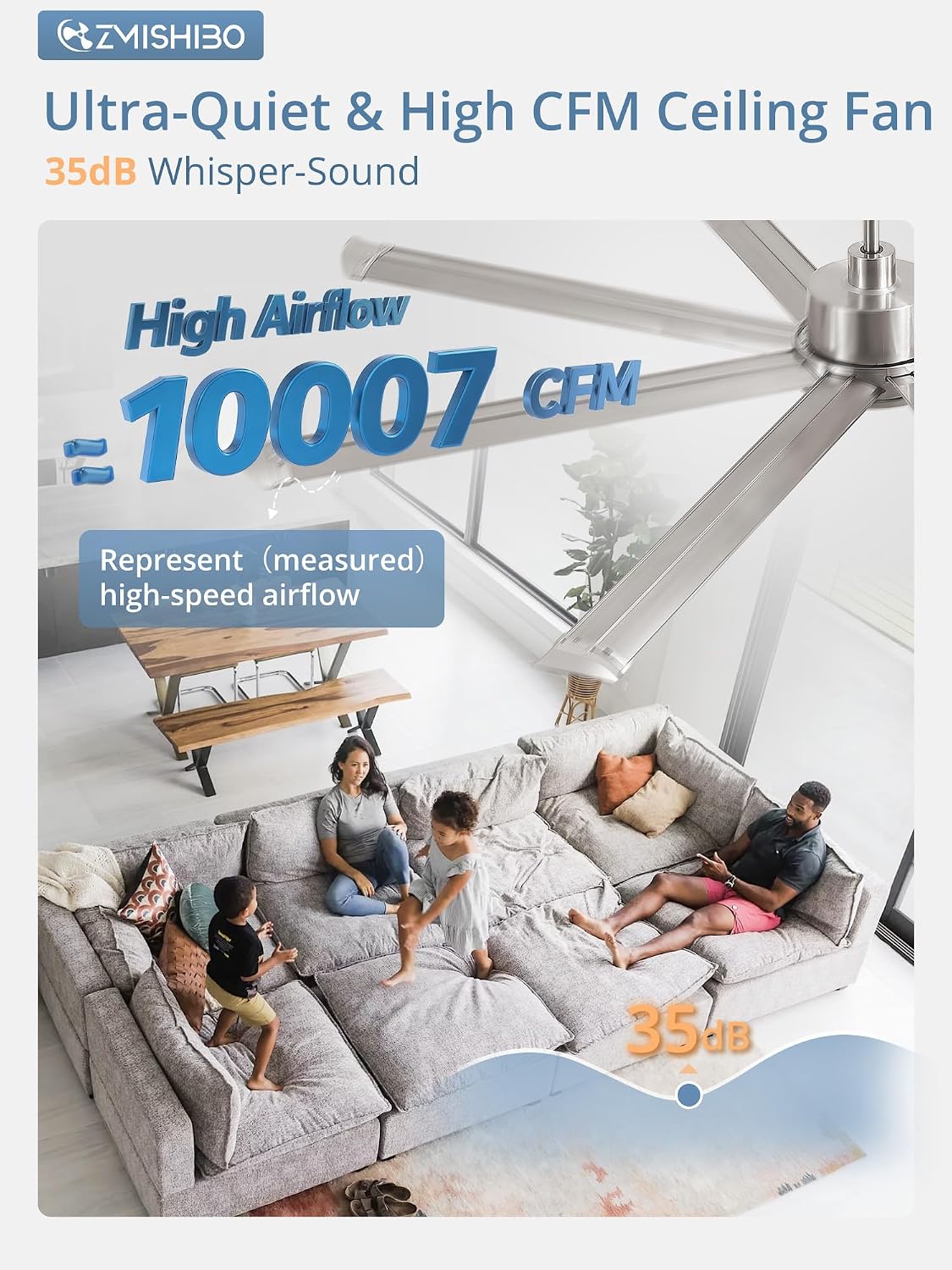 ZMISHIBO 72 Inch Large Ceiling Fan No Light, 8 Aluminum Blades, 6-Speed Remote Control, Industrial Ceiling Fan without Light, Quiet DC Motor, Indoor/Outdoor Ceiling Fans for Patio, Garage, Shop