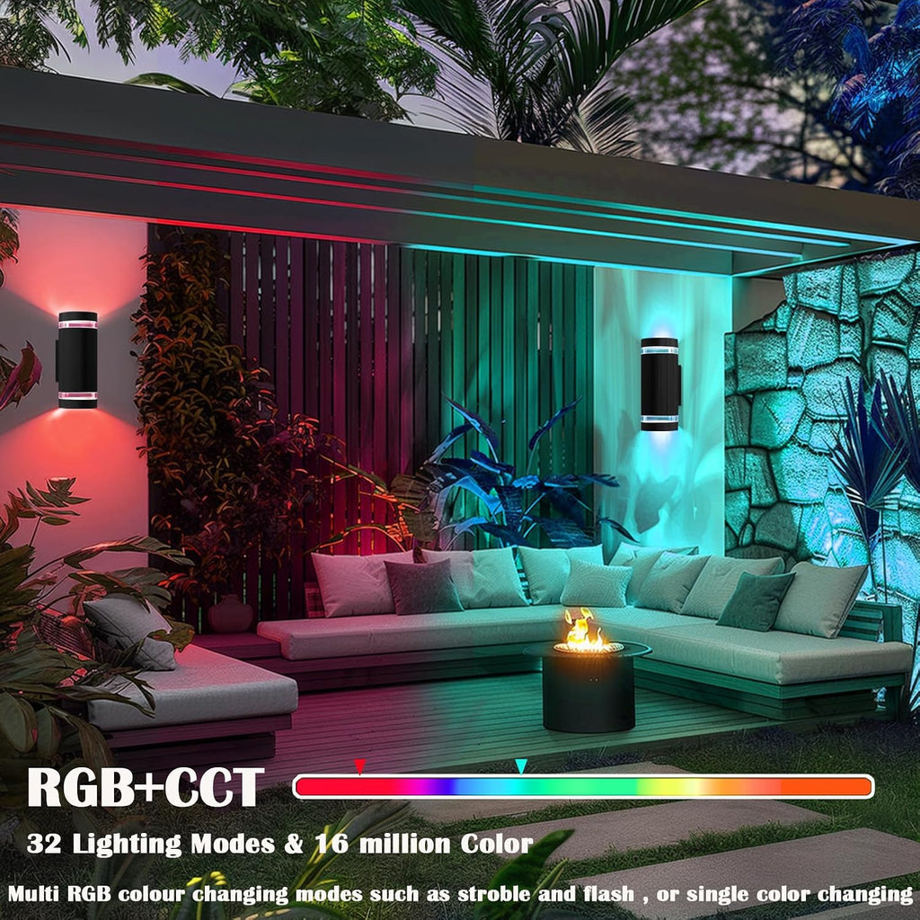 iYogaled RGB Outdoor Wall Lights with RF Remote Control, Color Changing Porch Light, Up and Down Smart Wall Sconces with 2700k- 6500k RGB+CCT and 32 Modes-ETL Listed (2 Pack)