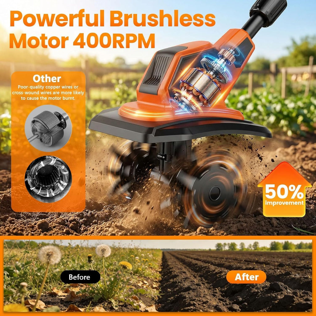 20V Cordlees Tiller Cultivator for Gardening, 400RPM Brushless Electric Garden Tiller Battery Powered((2*3.0Ah Battery&Charger), 9.5'Width 7'Depth, Garden Rototiller for Yard/Lawn/Soil Tiller (Orange)