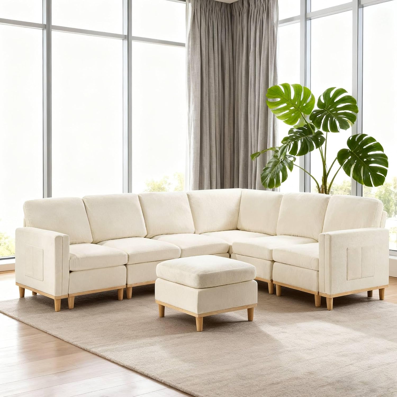 KEIKI 110' Modular Sectional Sofa for Living Room, Convertible 6 Seat Cloud Couch with Soft Fabric Padding, Reconfigurable Furniture for Open Concept Space, Bright Modern Home, White