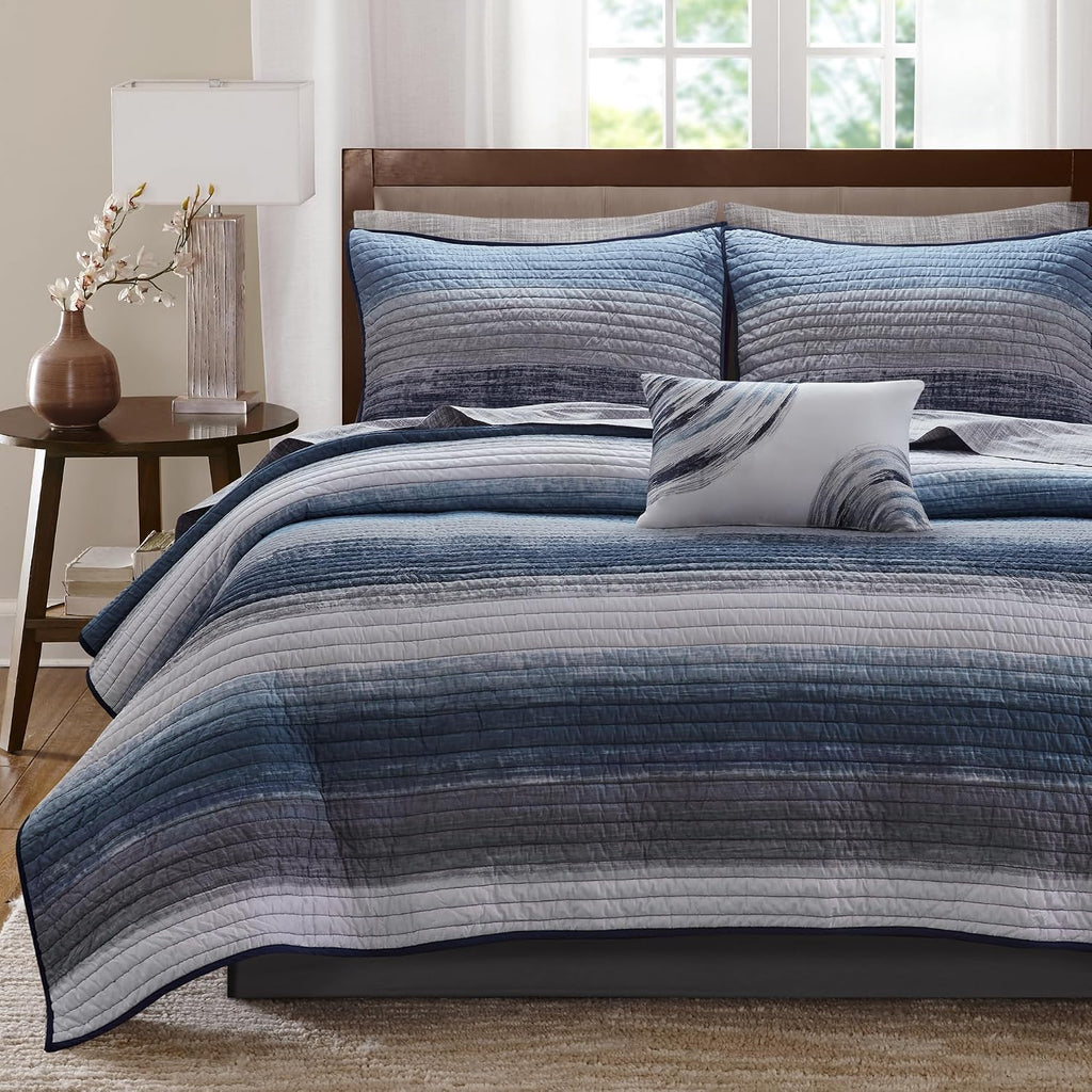 Madison Park Essentials Saben Cozy Bed in A Bag Reversible Quilt with Complete Cotton Sheet Set-Geometric Design All Season Cover, Decorative Pillow,King(104'x92'), Stripes Navy 8 Piece