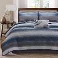 Madison Park Essentials Saben Cozy Bed in A Bag Reversible Quilt with Complete Cotton Sheet Set-Geometric Design All Season Cover, Decorative Pillow,King(104'x92'), Stripes Navy 8 Piece