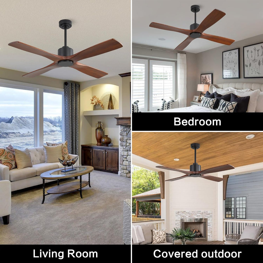 WINGBO 48 Inch DC Ceiling Fan without Lights, 4 Carved Solid Wood Blades, 6-Speed Noiseless Reversible DC Motor, Modern Ceiling Fan No Light with Remote, Black Finish with Walnut Blades, ETL Listed