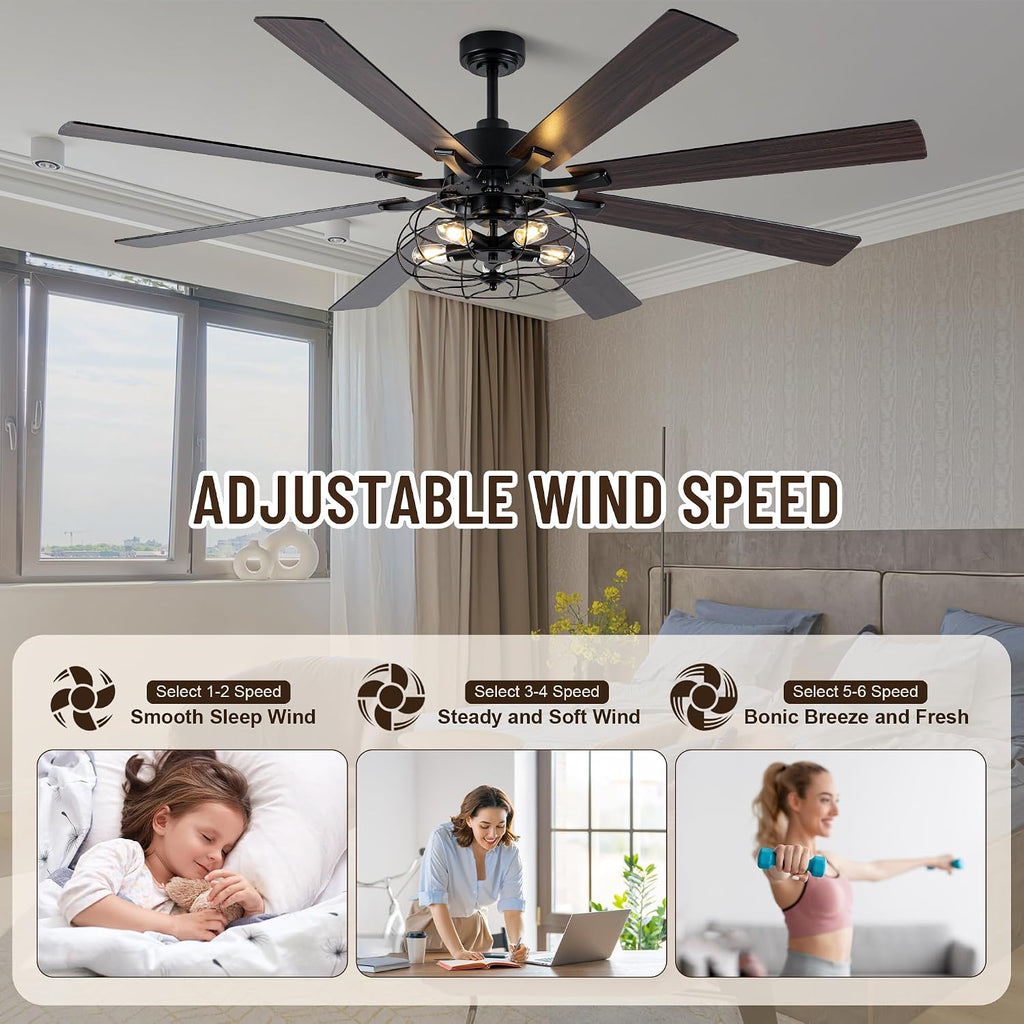 72' Industrial Ceiling Fan with Light,8 Blades DC Motor Farmhouse Cage Ceiling Fan,6 Speed Reversible Quiet Ceiling Fan with Remote Control for Patio Living Room Bedroom