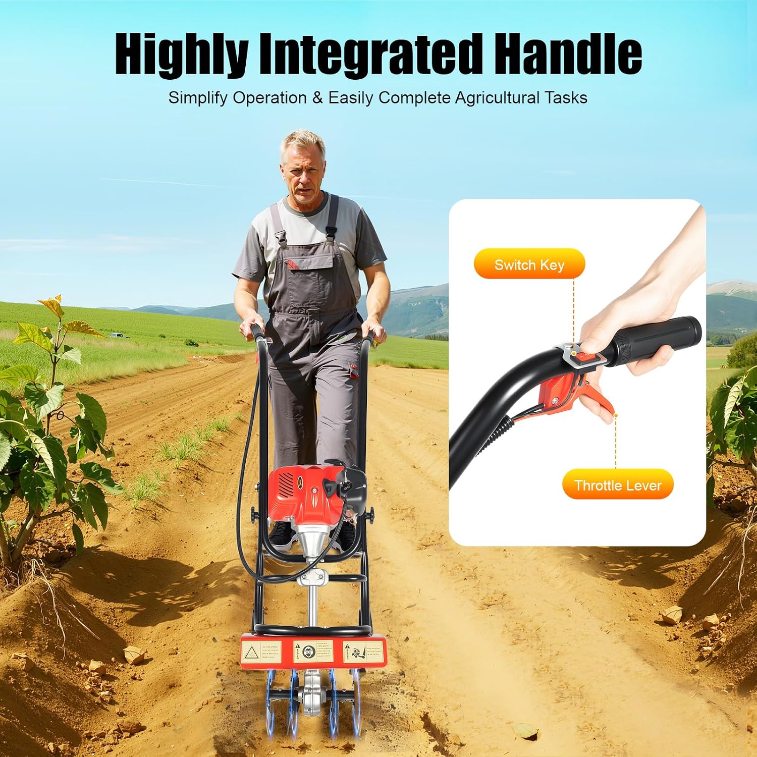 Commercial 52cc Heavy Duty Tiller, 2-Stroke Gas Tiller, Heavy Duty Hand Push Rototiller/Cultivator for Sandy and Loose Soil