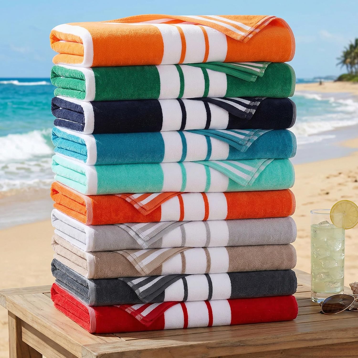 Superior Oversized Cotton Beach Towel Set of 6, Absorbent Towels for Bathroom, Beach, Pool, Swim, Adults, Kids, Vacation, Travel, Bath, Quick Dry Basics, Trip Essentials, Striped Decor, Light Grey