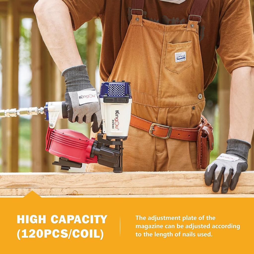 Kingou American Style NVH45 Roofing Nail Gun for Roofing Constructions Accepts 7/8-Inch to 1-3/4-Inch Nails 15 Degree With 3/8 NPT Air Connector 120-pcs Load Capacity Roofing Nailer