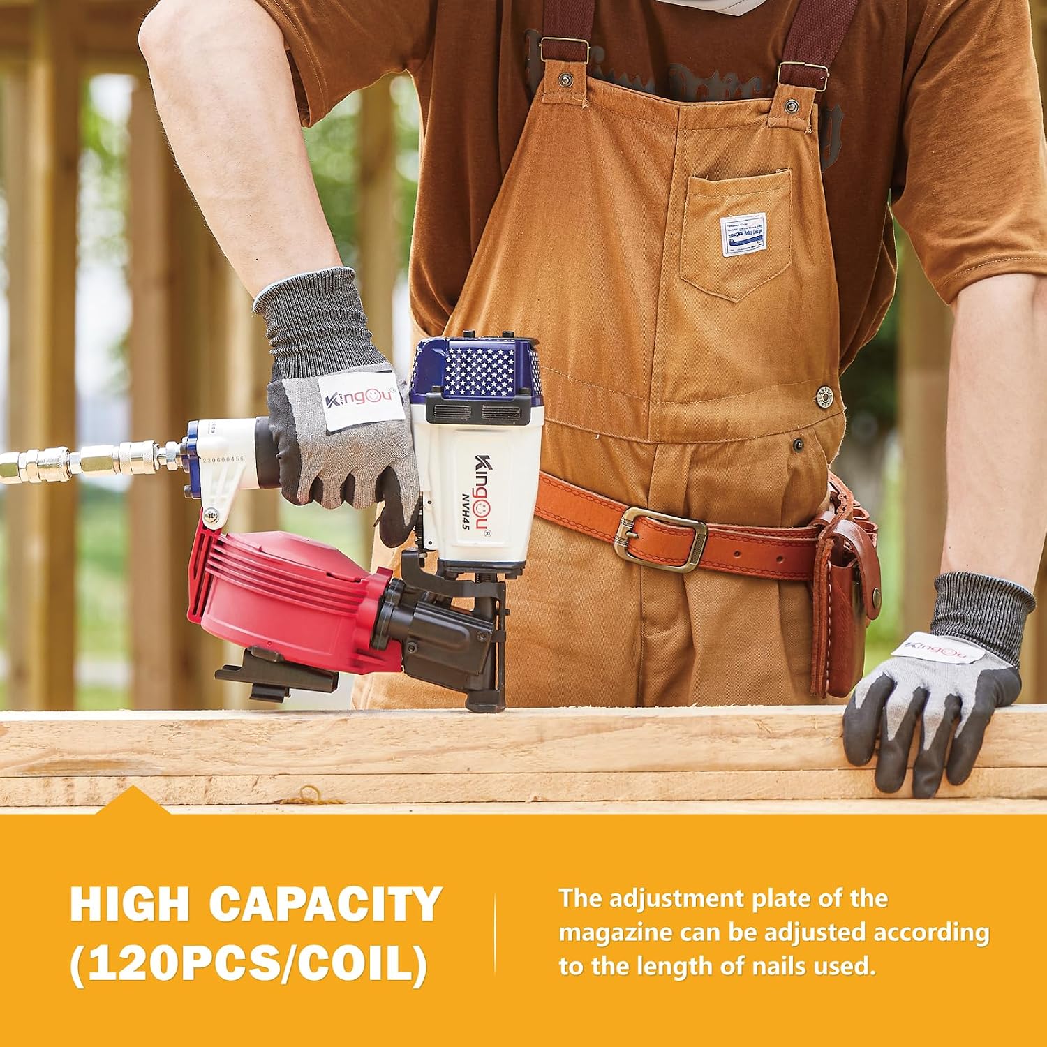 Kingou American Style NVH45 Roofing Nail Gun for Roofing Constructions Accepts 7/8-Inch to 1-3/4-Inch Nails 15 Degree With 3/8 NPT Air Connector 120-pcs Load Capacity Roofing Nailer