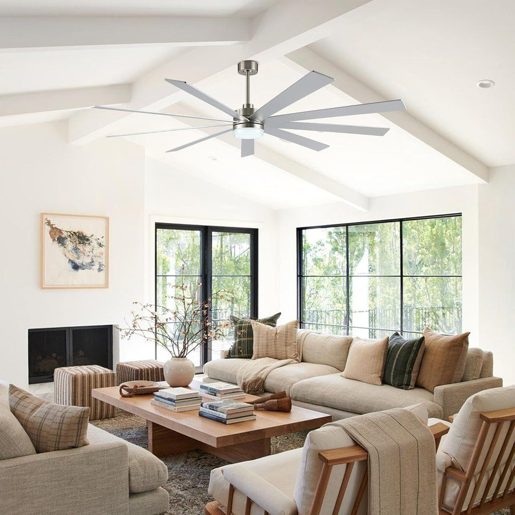 LEDLUX 84' DC Motor Ceiling Fan with Light, 6-Speed Remote Control, Reversible Motor, Modern 9 Blades Silver Ceiling Fan with 4.5'/12'/24' Downrods for Home or Commercial, Living Room/Restaurant