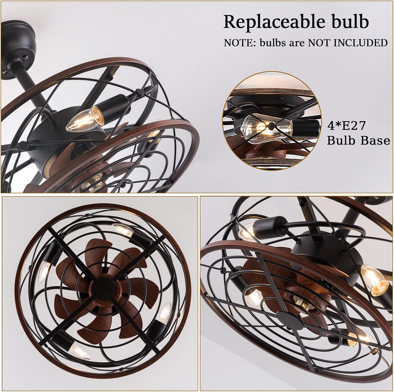 Chandelier,Retro Ceiling Fans with Lights and Remote Control Black Mute Ceiling Fan with Lighting 6 Speed DC Reversible Timer Industrial Ceiling Fan with Lamp for Bedroom Bars-B