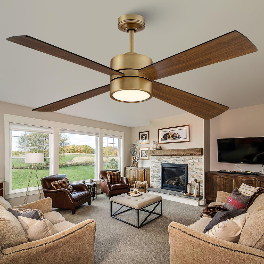 52 Inch Gold Ceiling Fan with Lights and Remote, APP Control, Quiet Reversible DC Motor, Dimmable LED Ceiling Fan, Modern Indoor Ceiling Fan for Bedroom Living Room Dining Room