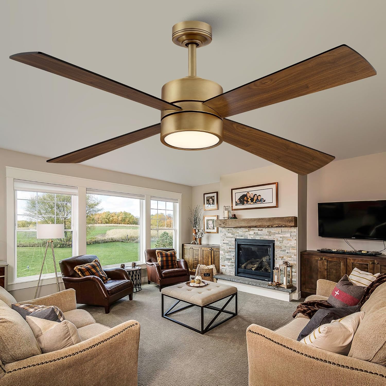 52 Inch Gold Ceiling Fan with Lights and Remote, APP Control, Quiet Reversible DC Motor, Dimmable LED Ceiling Fan, Modern Indoor Ceiling Fan for Bedroom Living Room Dining Room