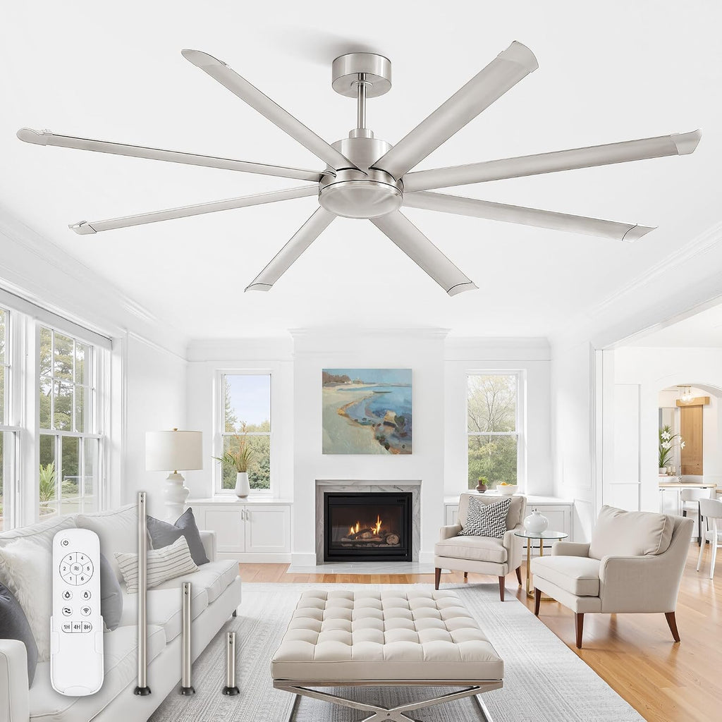 ZMISHIBO 84' Large Industrial Ceiling Fans No light with Aluminum 8 Blades, Commercial Ceiling Fan without Light, Quiet DC Motor, 6 Speeds, Indoor Outdoor Ceiling Fan for Patio, Garage, Shop,Nickel