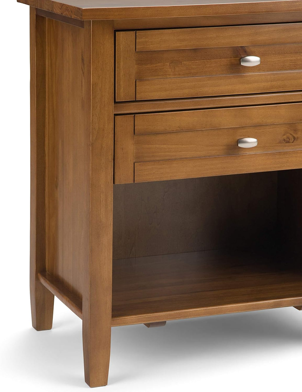 SIMPLIHOME Warm Shaker Bedside Table - 24 inch Wide Solid Wood Nightstand in Light Golden Brown, Transitional Bedroom Side or End Table with 2 Drawers, Open Shelf Storage and Brushed Nickel Hardware