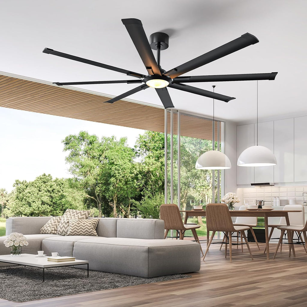 Obabala 72 Inch Industrial Ceiling Fan with Light and Remote Control, Large Ceiling Fans 8 Aluminum Blades, Quiet 35dB DC Motor, 6 Speed Dimmable LED, Indoor Outdoor for Garage Warehouse Patio