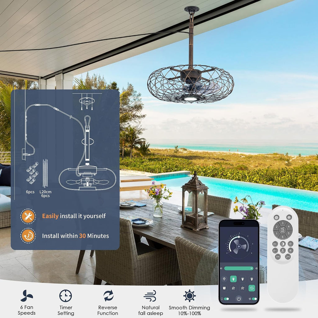 Miuyhji Retro Outdoor Ceiling Fans with LED Light, 20' Waterproof Gazebo Fan Plug in Caged Industrial Fandelier Ceiling Fan with Remote, 6 Speeds Adjustable Height Fan for Bedroom Living Room Pergola