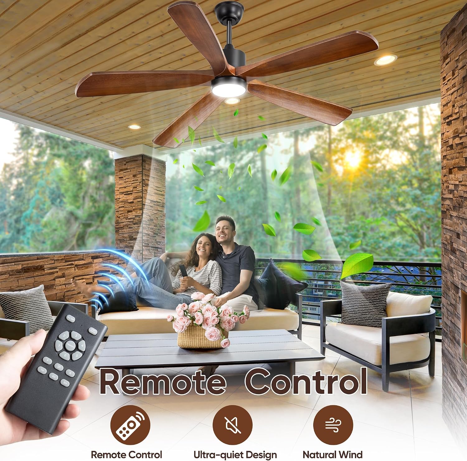 70 Inch Ceiling Fan with Light - 5 Walnut Wood Blades, UL Damp Rated for Indoor & Outdoor, 3 Color LED (3000K-6500K), DC Motor, 6-Speed Reversible Remote, Farmhouse Bedroom