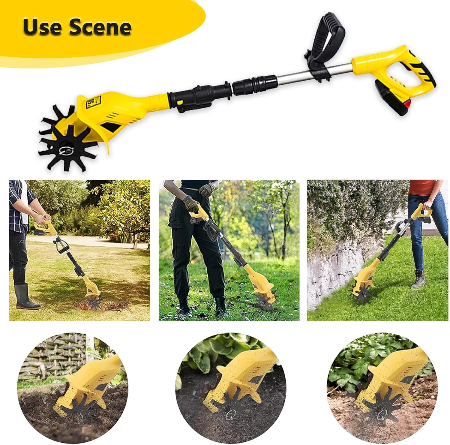 Garden Tiller, 250 RPM Electric Garden Rototiller with 97-127cm/38-50in Adjustable Length, Mini Tiller for Gardening/Soil Cultivation, Including Battery (Yellow)