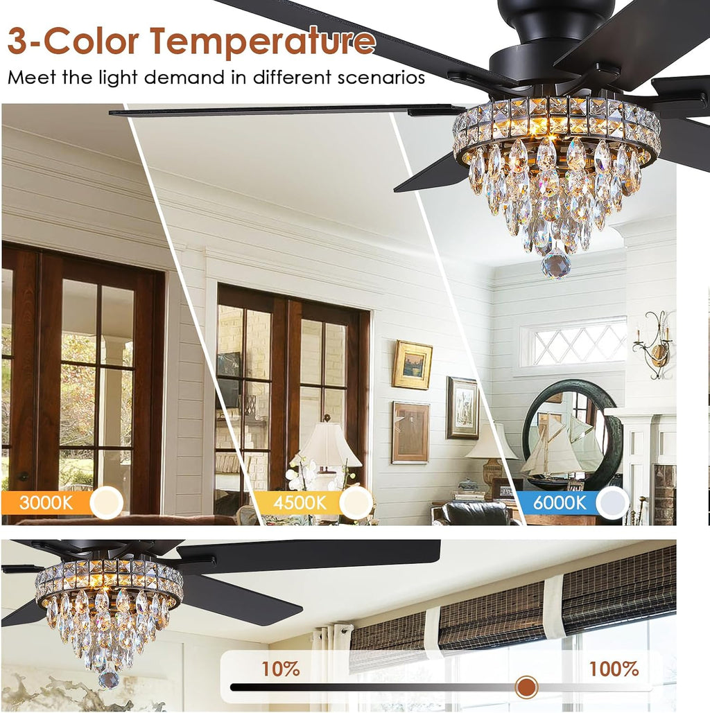 Asyko Chandelier Ceiling Fan -52' Crystal Ceiling Fan- Fandelier Fan Light Black with Remote, Silent Reversible Motor, Dual-Sided 6 Blades, 3 Speed, Timer, Indoor Fan Ceiling