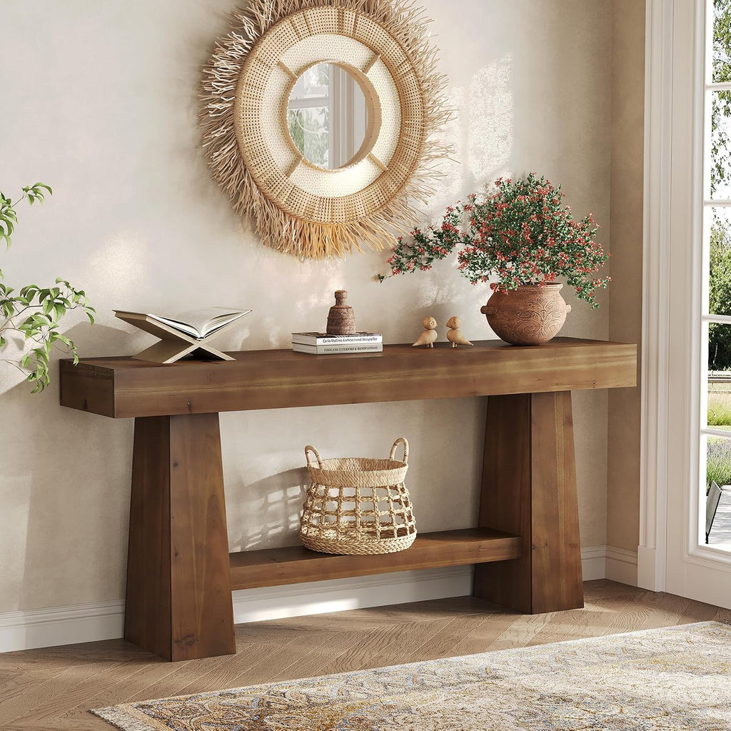 Solid Wood Console Table, 63-Inch Entryway Table with Storage, Long Wooden Sofa Table Behind Couch for Entryway, Hallway, Foyer, Living Room, Brown Wood