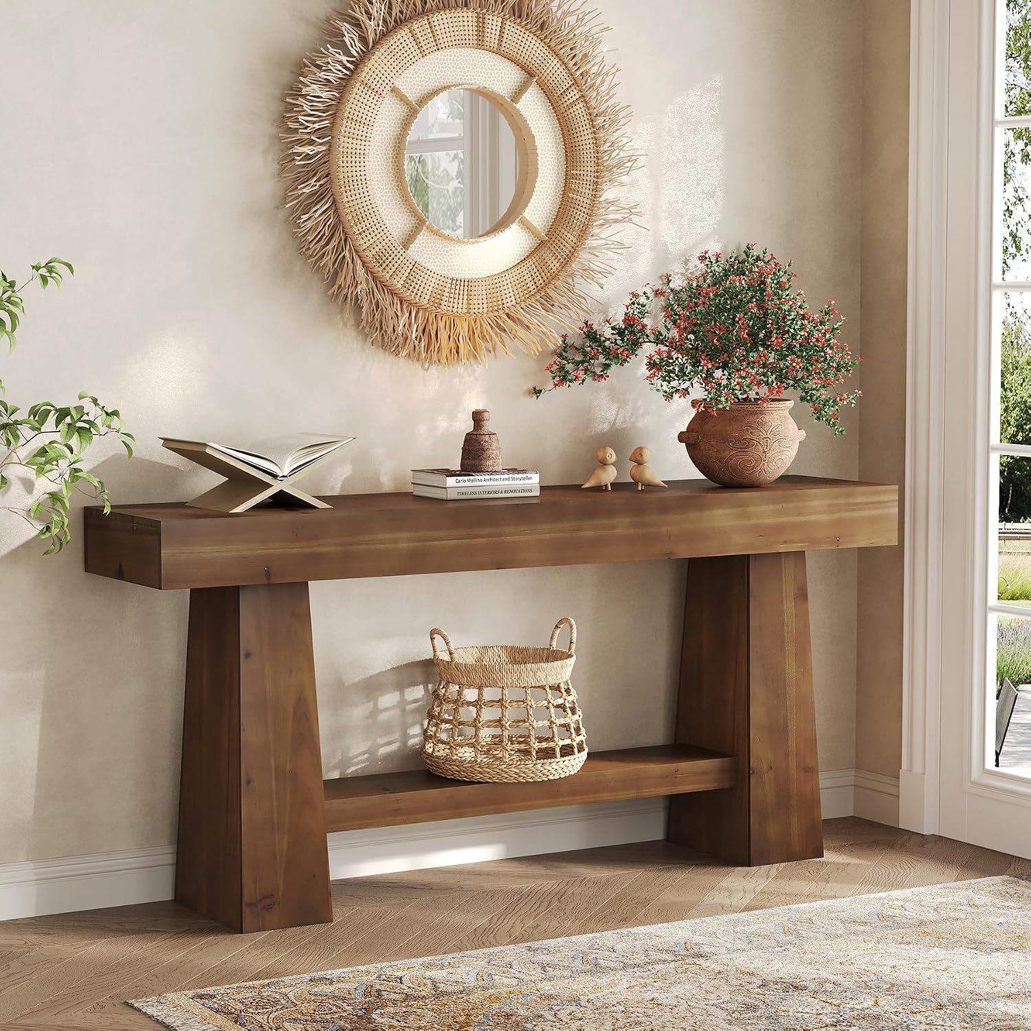 Solid Wood Console Table, 63-Inch Entryway Table with Storage, Long Wooden Sofa Table Behind Couch for Entryway, Hallway, Foyer, Living Room, Brown Wood