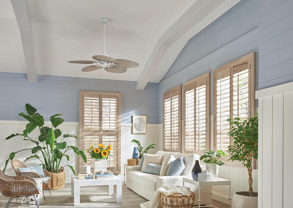 Hinkley Tropic Air 52' Indoor and Outdoor Ceiling Fan, Five Blades, DC 4 Speed Motor, Matte White and Palm-Shaped Weathered Wood Composite Fan Blades