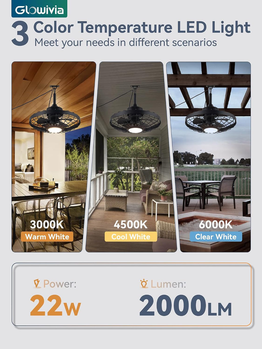 20 Inch Outdoor Ceiling Fan with Light and Remote - IP65 Waterproof, 3-Color LED (3000K-6000K), 16.5ft Cord, Hanging Hook - Black - for Patio, Gazebo, Porch