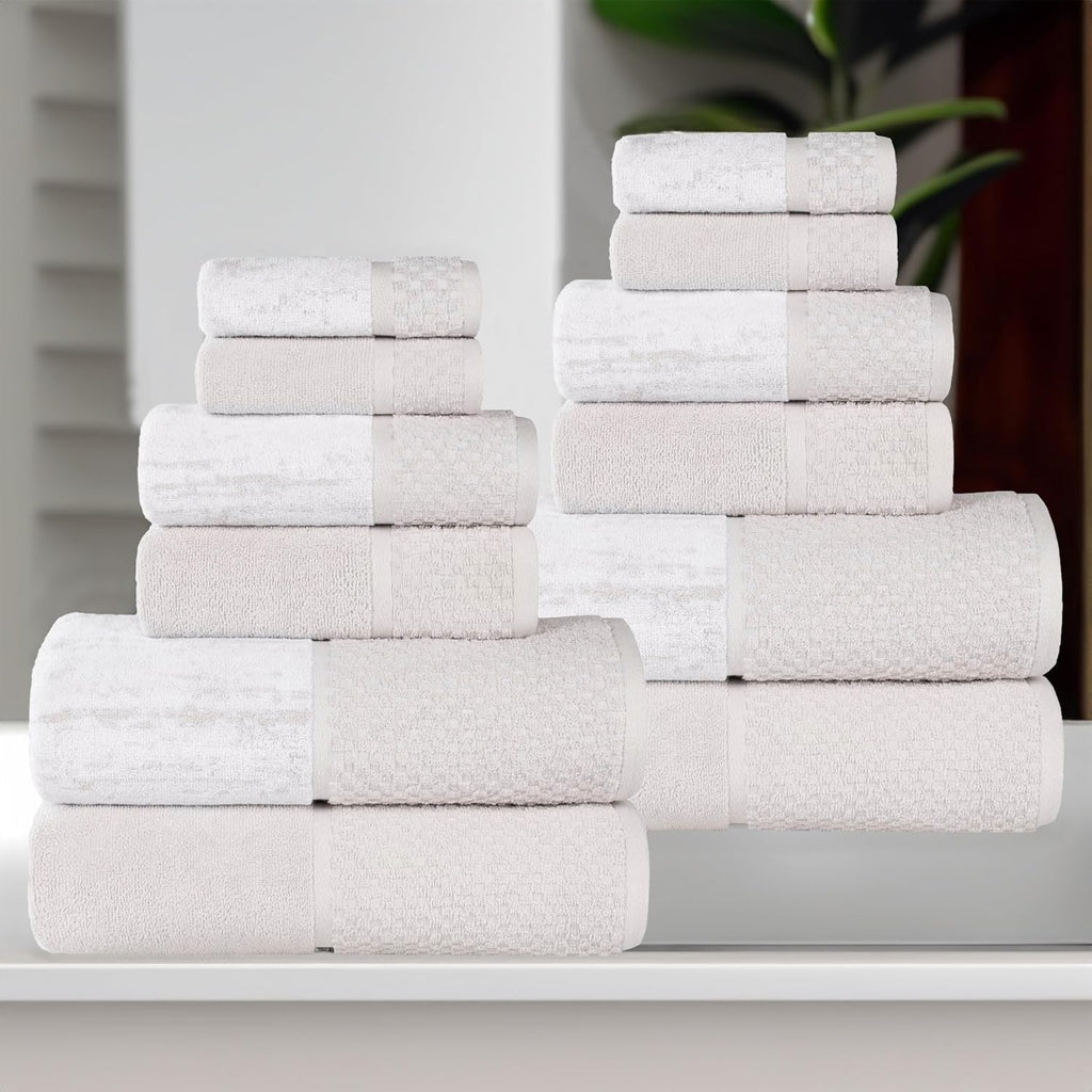 Superior Cotton 12 Piece Assorted Towel Set, Quick Dry, Bathroom Essentials, Shower, Spa, Soft Absorbent Towels, Includes 4 Bath, 4 Hand, 4 Washcloth/Face Towels, Lodie Collection, Stone-White