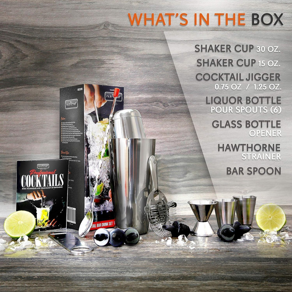 NutriChef Mixology Bartender Cocktail Shaker Set-Includes 15&30 oz Stainless Steel Shakers,6 Bottle Pourers&More-Essential Martini Making Kit-Drink Mixing Set-15 Piece Cocktail Bar_Set (Pack of 12)