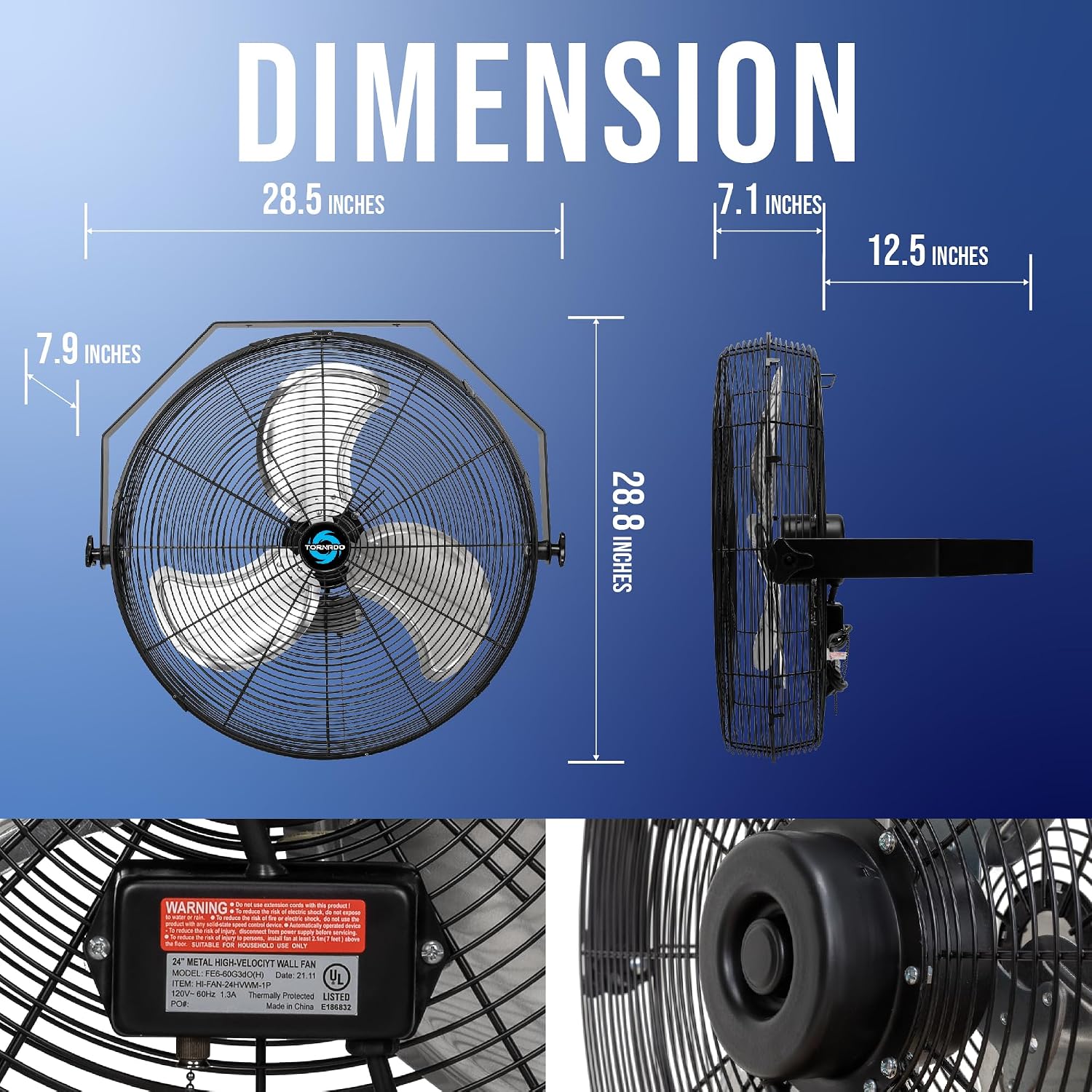 Tornado - 24 Inch High Velocity Industrial Wall Fan 3 Speed - 6.5 FT Cord - Industrial, Commercial, Residential Use - UL Safety Listed
