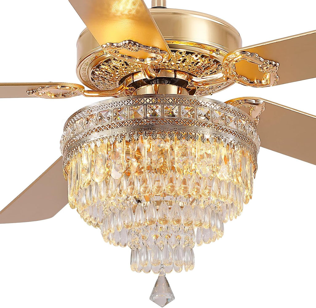 Asyko 62' Golden Crystal Ceiling Fan Fandelier with Lights - Modern Chandelier Fans with Remote Control，Noiseless DC Motor, Retro/Farmhouse Lighting, Dining Room,Living Room