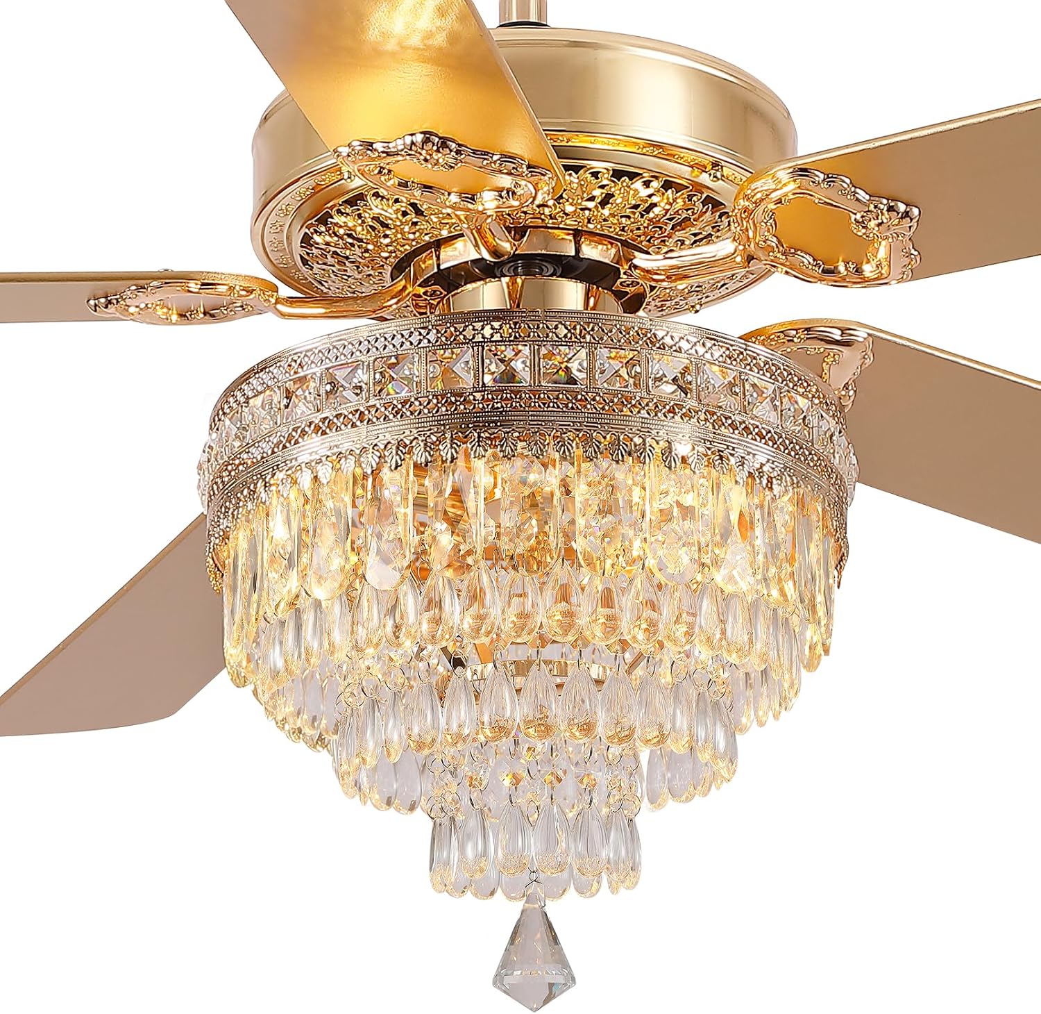Asyko 62' Golden Crystal Ceiling Fan Fandelier with Lights - Modern Chandelier Fans with Remote Control，Noiseless DC Motor, Retro/Farmhouse Lighting, Dining Room,Living Room
