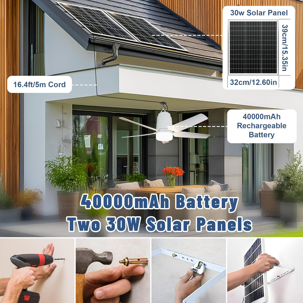 SHUNLEE Solar Outdoor Ceiling Fan Light 31.5'', 60W Solar Powered Portable Gazebo Fan With Remote and Hook, 3000K-6000K LED, 40000mAh Large Hanging Canopy Fan (31.5 inch)